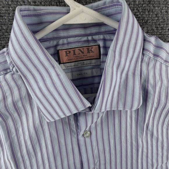 Thomas Pink Long Sleeve Button Up Shirt Cotton Slim Fit 17 French Cuff Striped - Picture 7 of 15